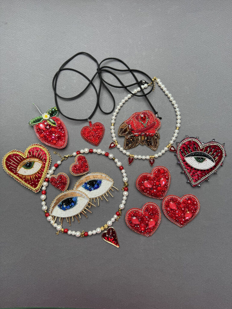 Embroidered hearts and eyes in red